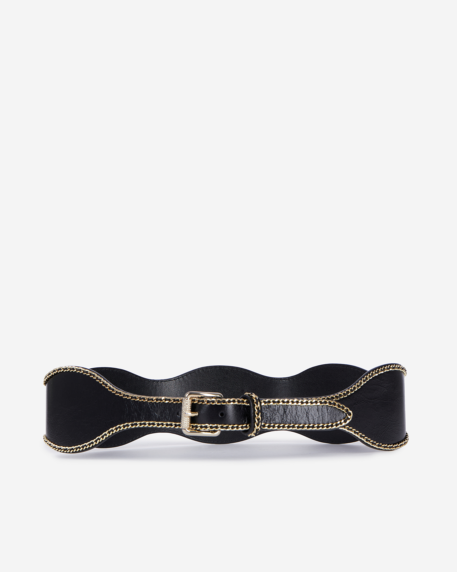 Wide black leather belt with chains