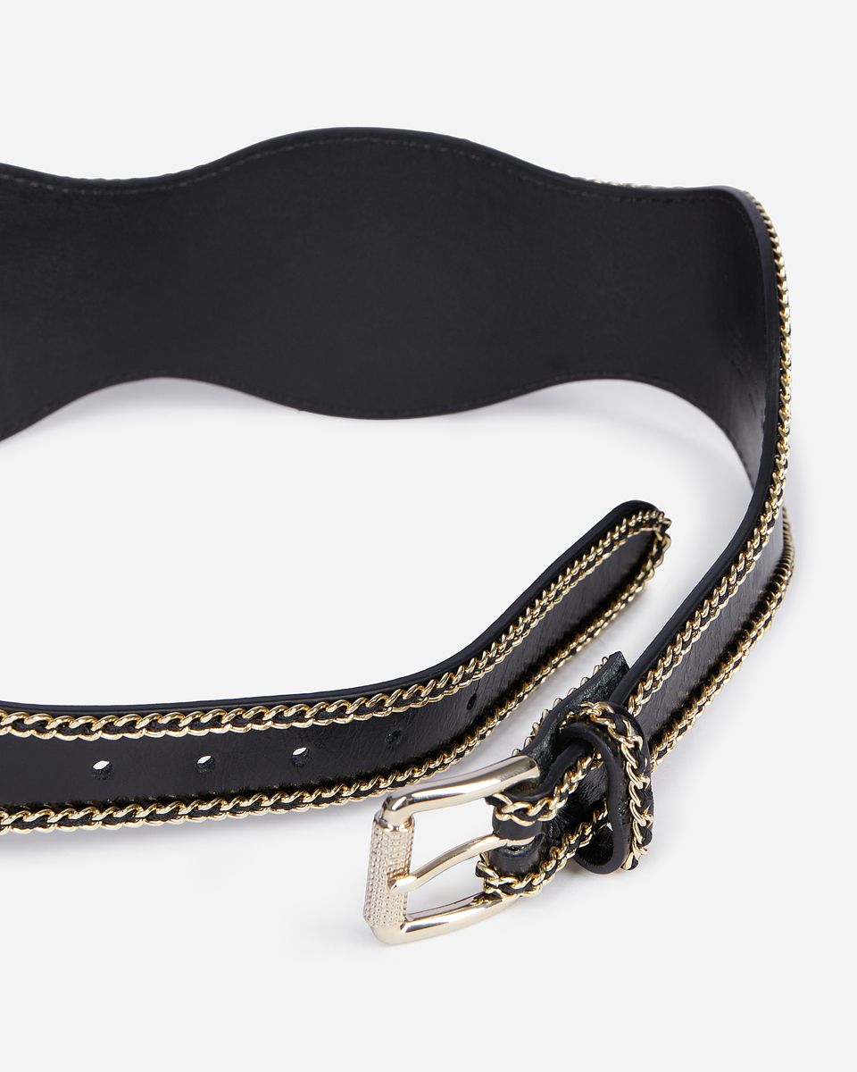 Wide black leather belt with chains