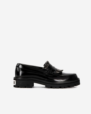 Penny loafers in black leather with fringes and studs
