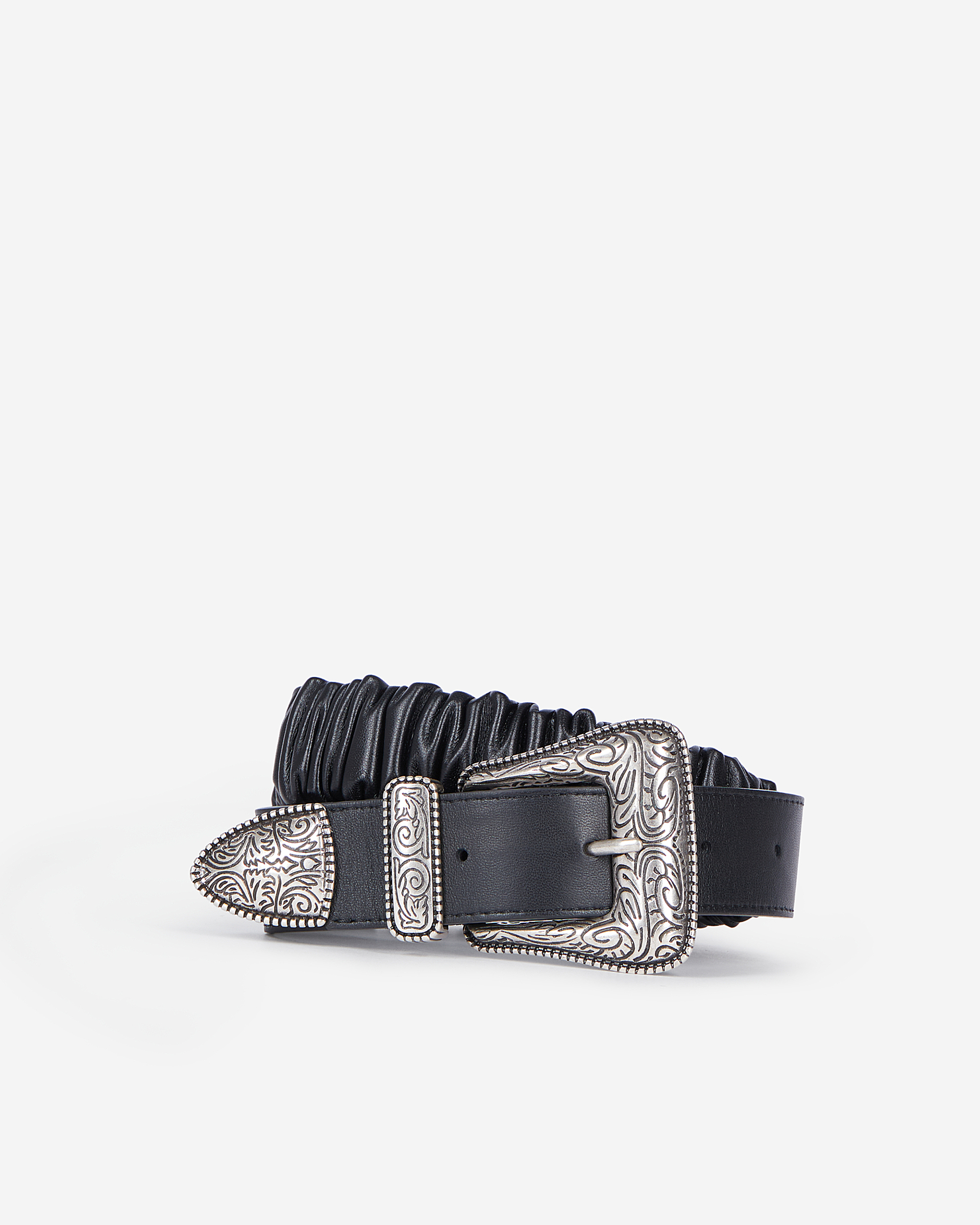 Wide black gathered leather belt