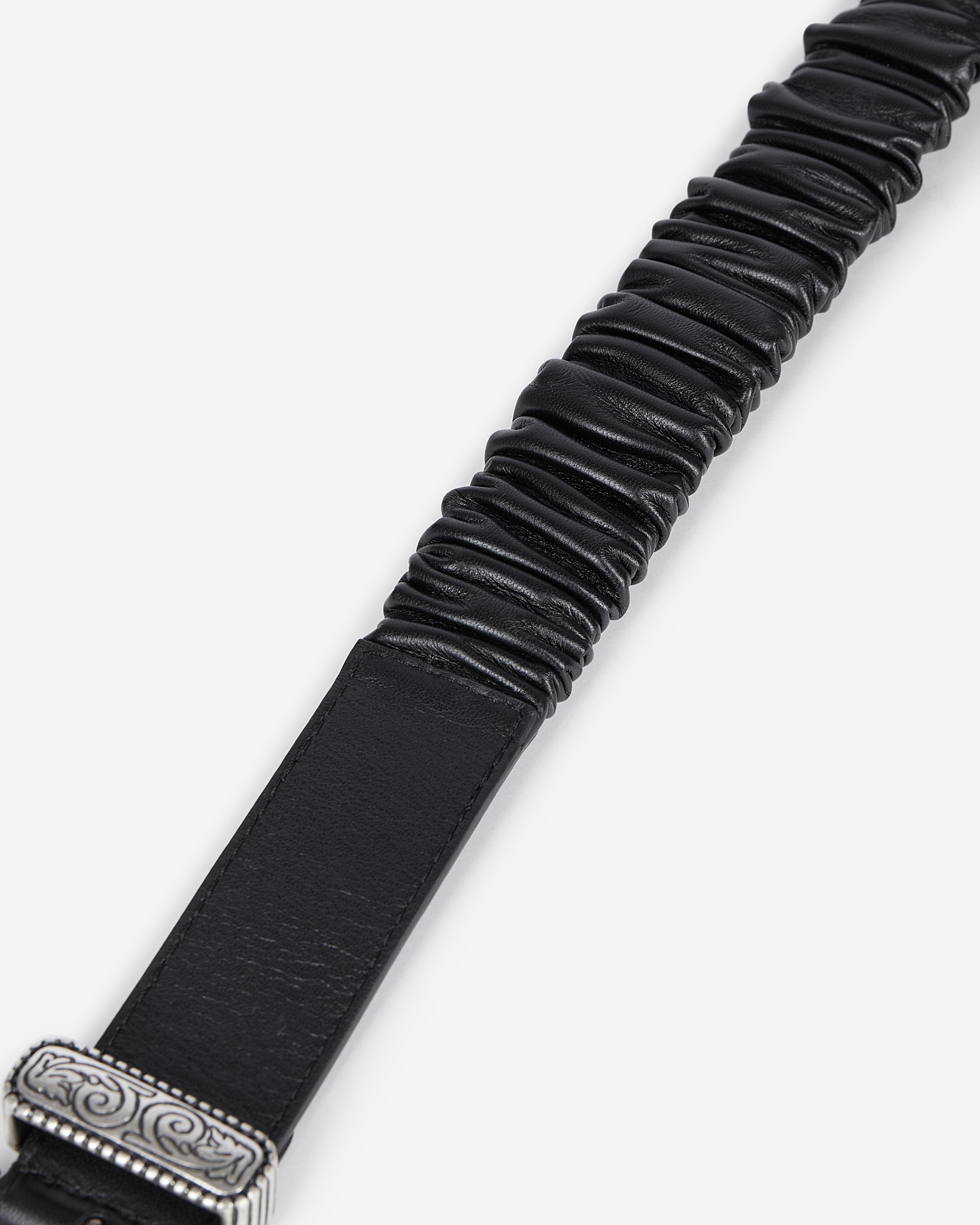 Wide black gathered leather belt