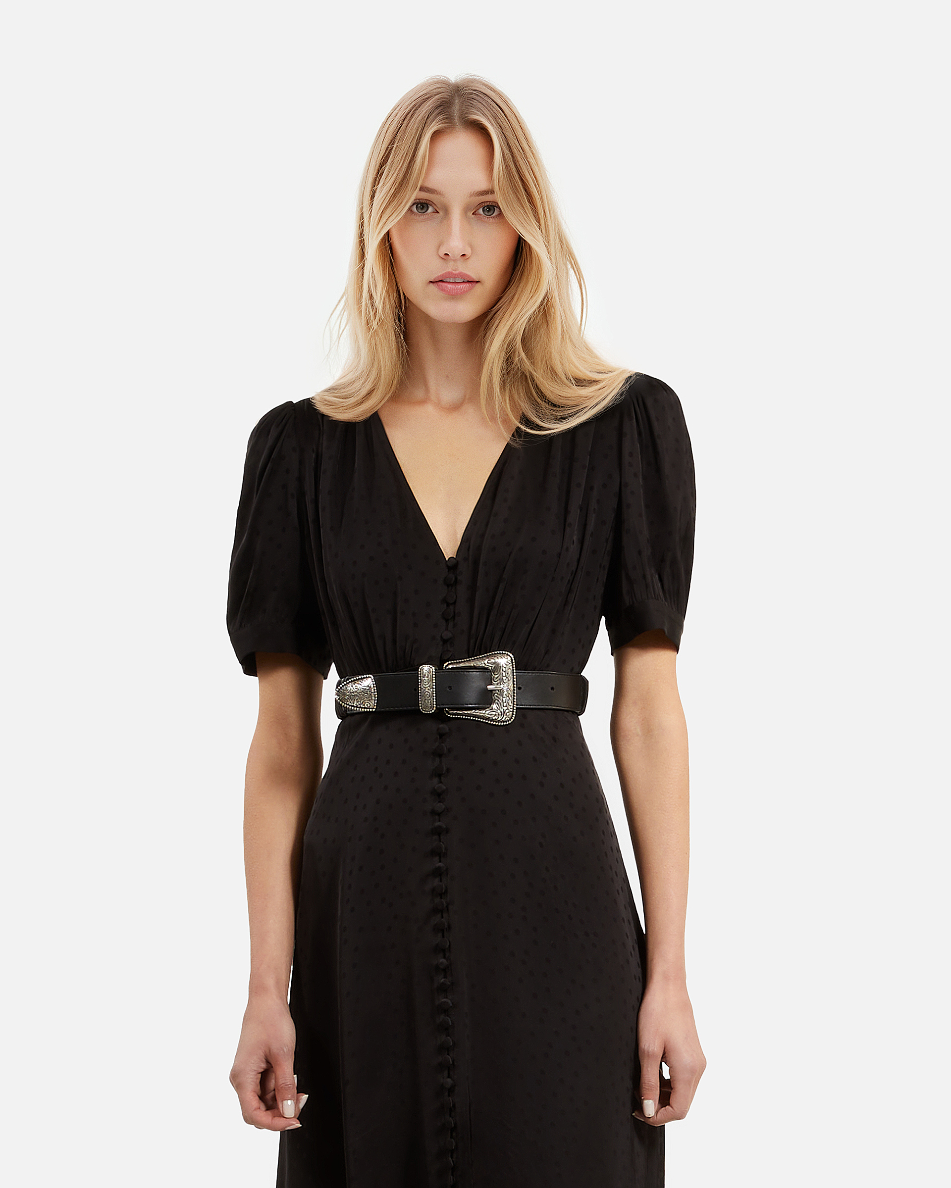 Wide black gathered leather belt