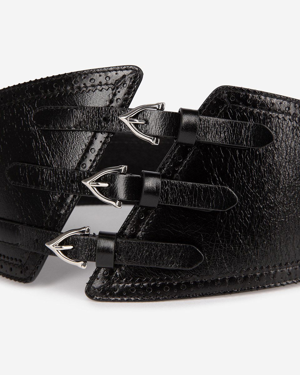 Corset belt in black leather with buckles