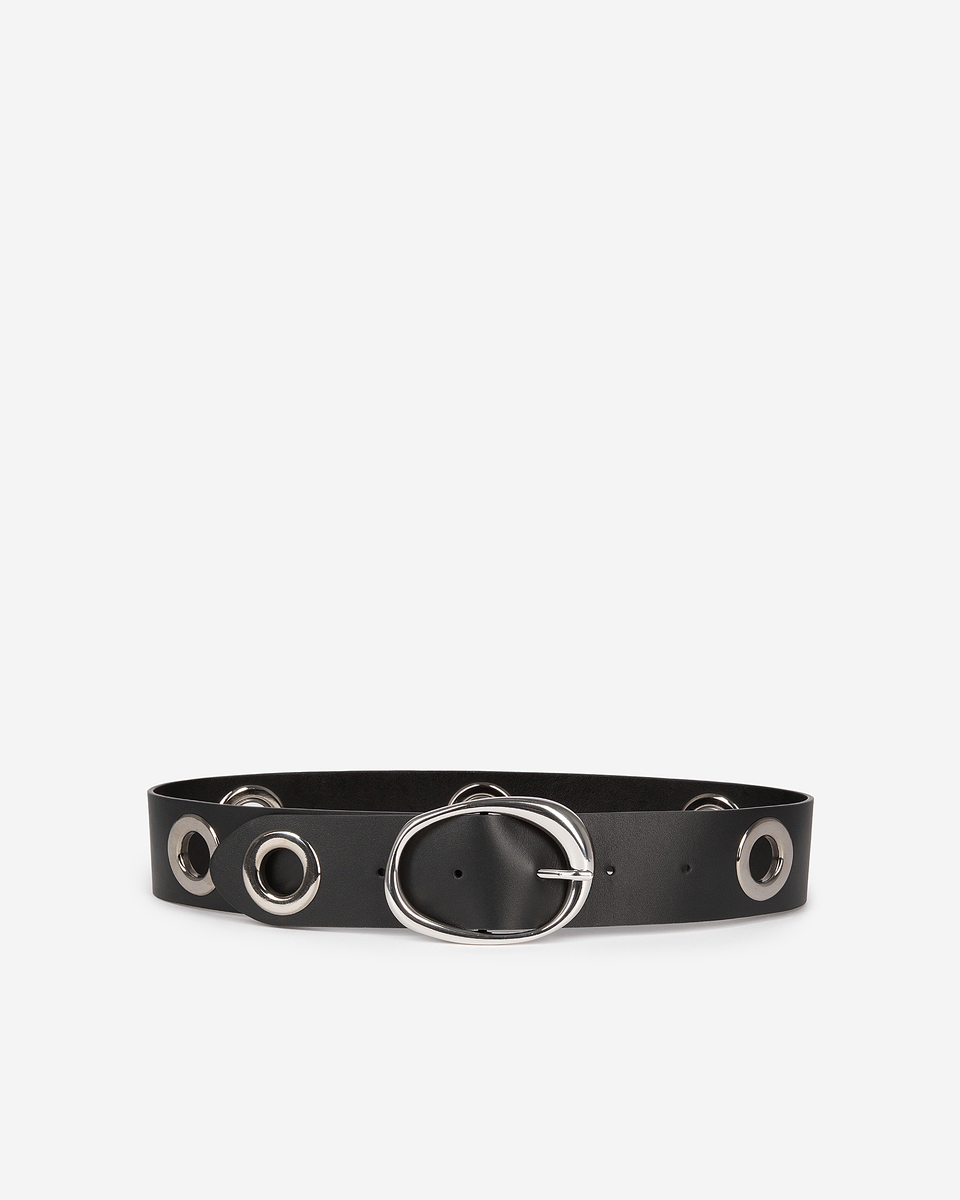 Wide belt with eyelets in black leather