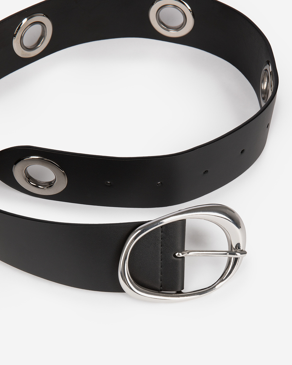 Wide belt with eyelets in black leather