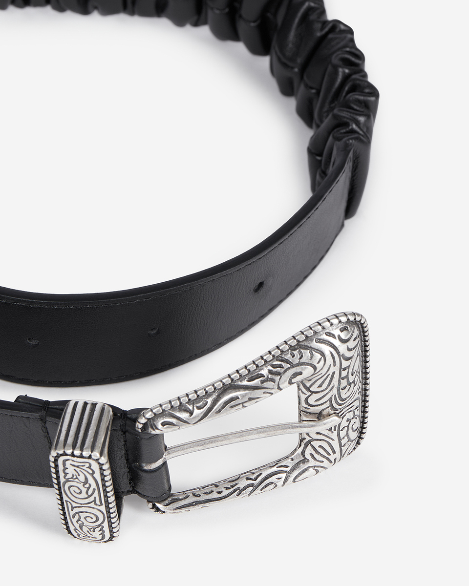 Wide black gathered leather belt