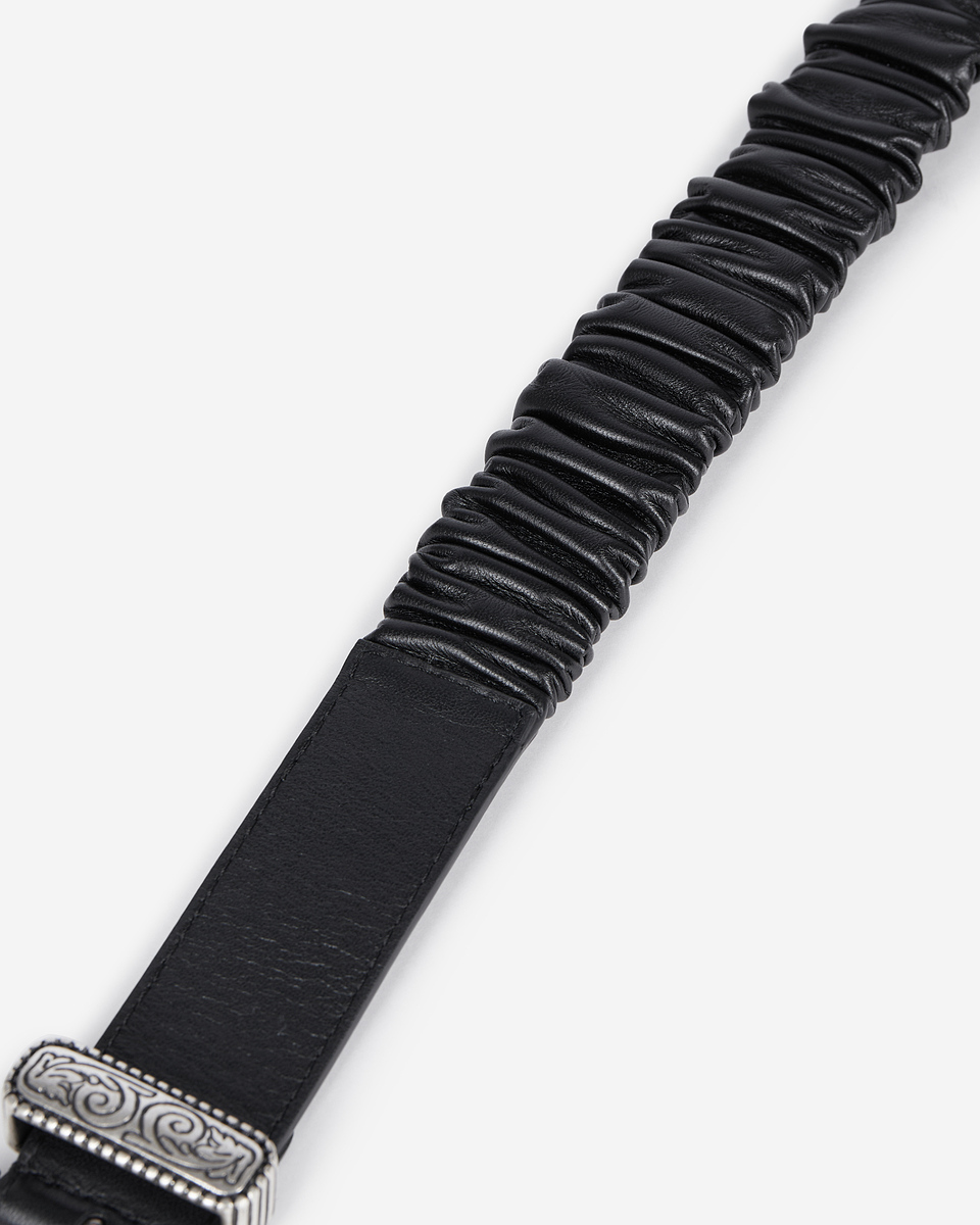 Wide black gathered leather belt