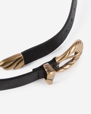 Thin black leather double buckle belt