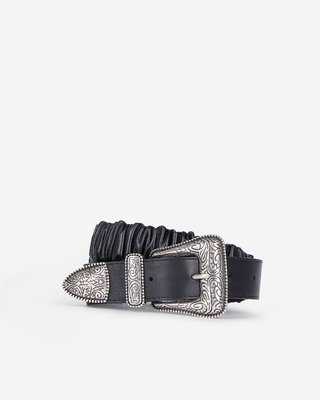 Wide black gathered leather belt