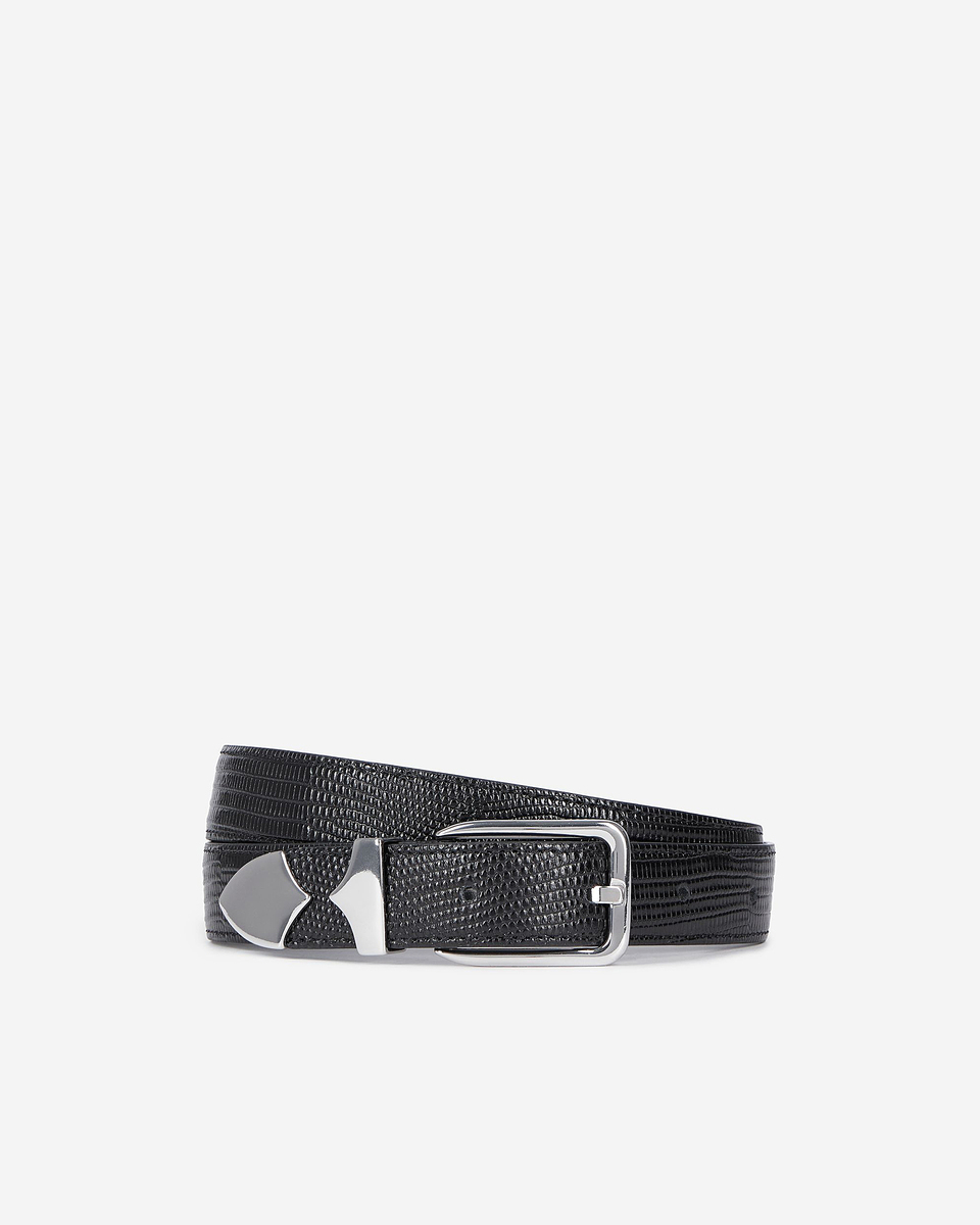 Black crocodile-effect leather belt