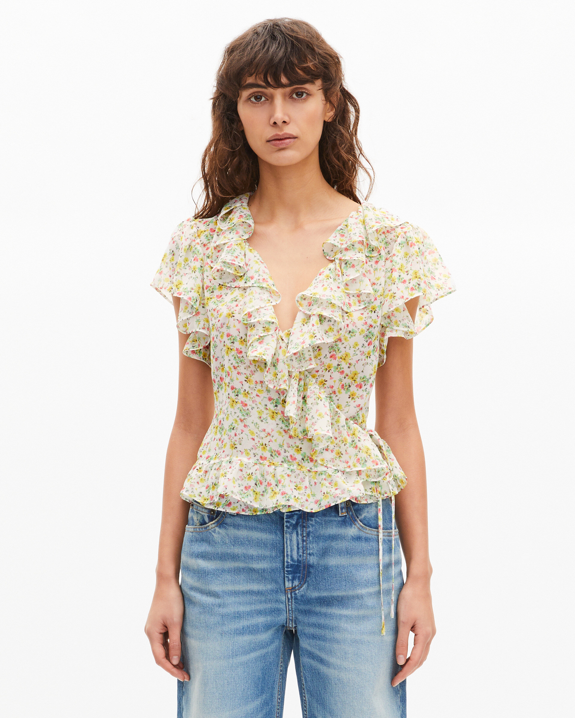 White floral print ruffled top