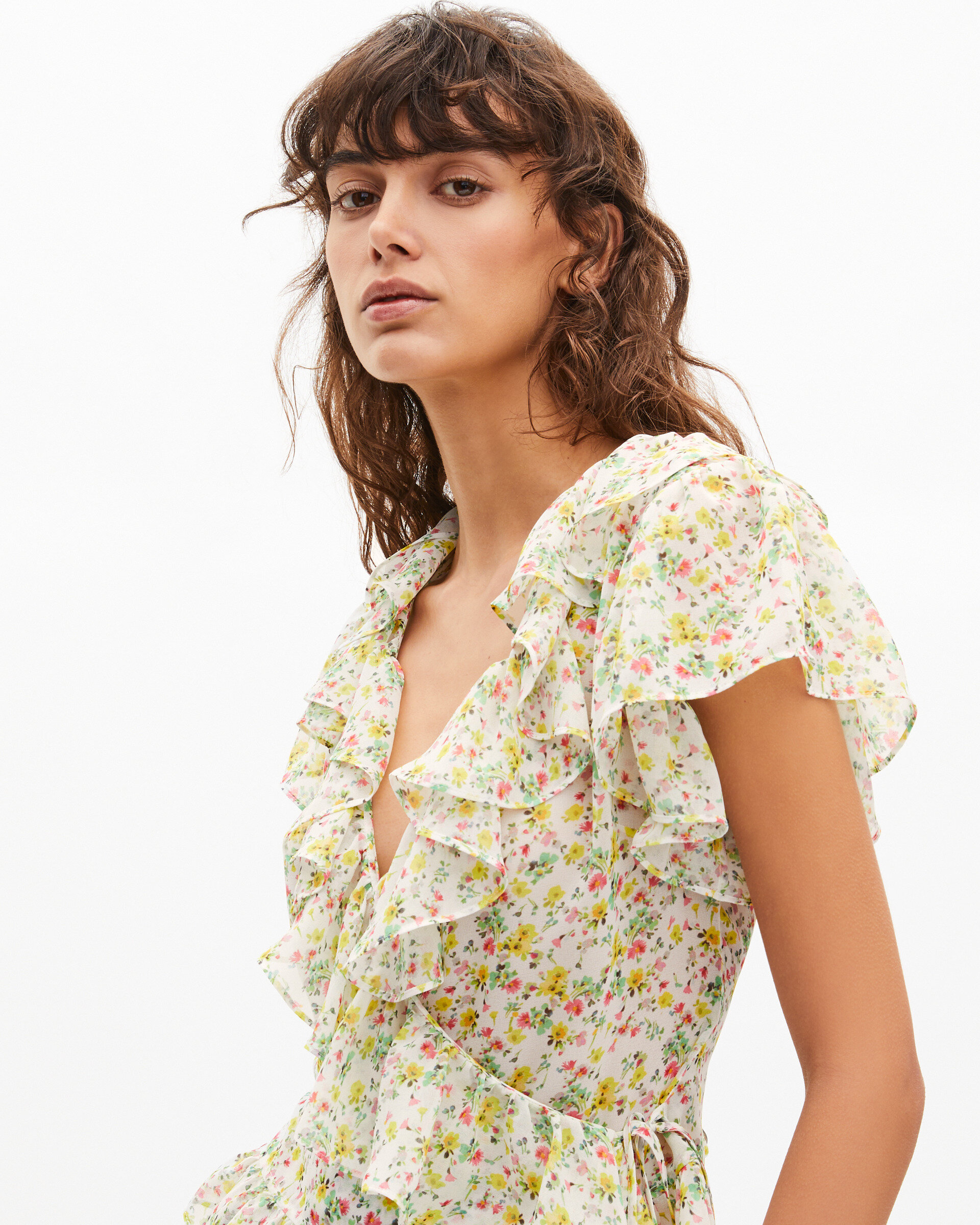 White floral print ruffled top