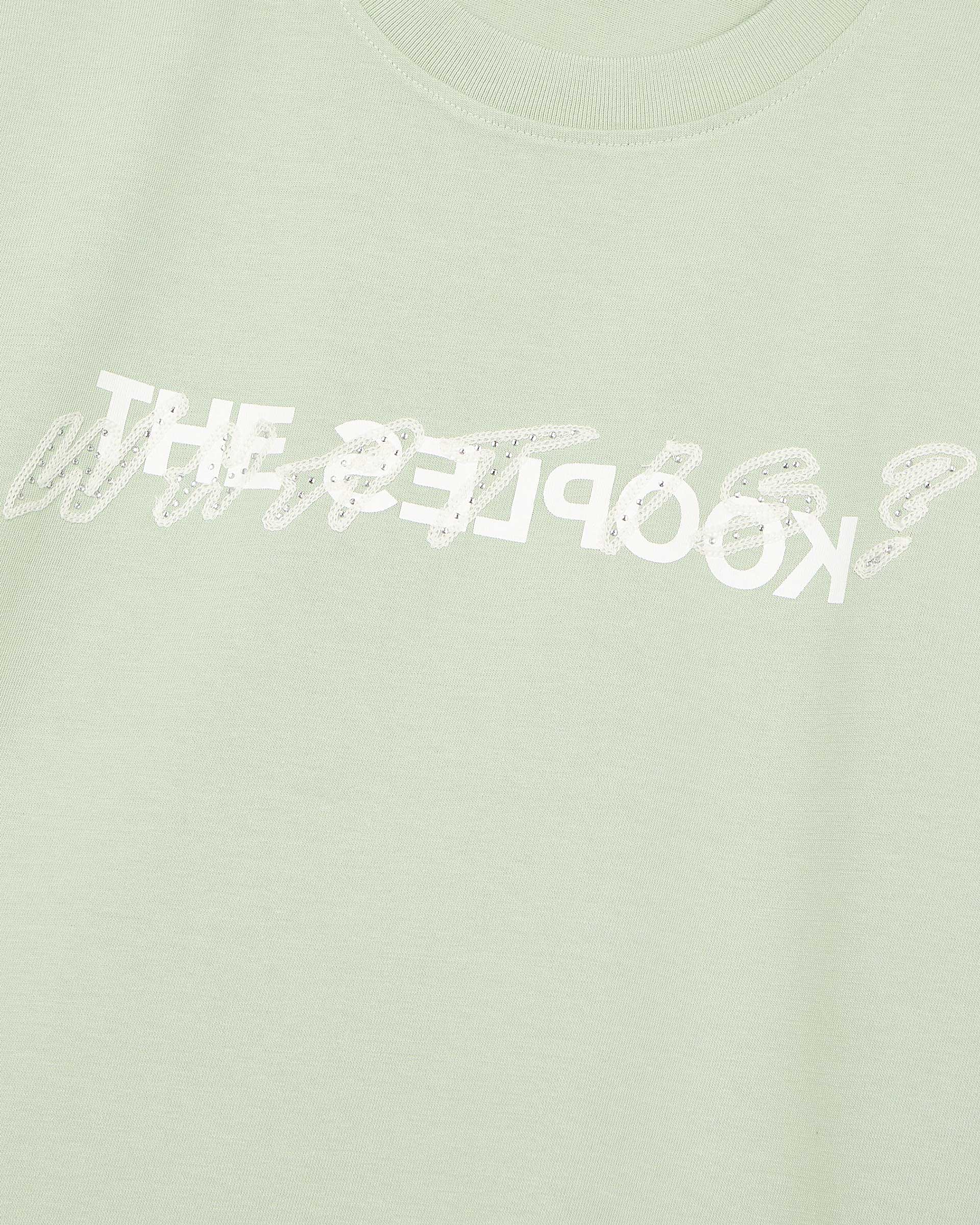 'What Is' T-shirt with green rhinestones