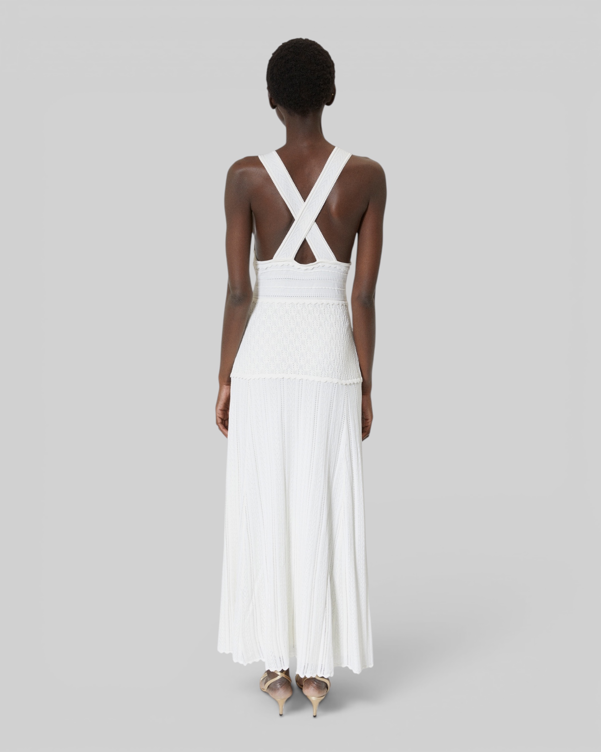 Cross-over back dress in ecru hemstitch