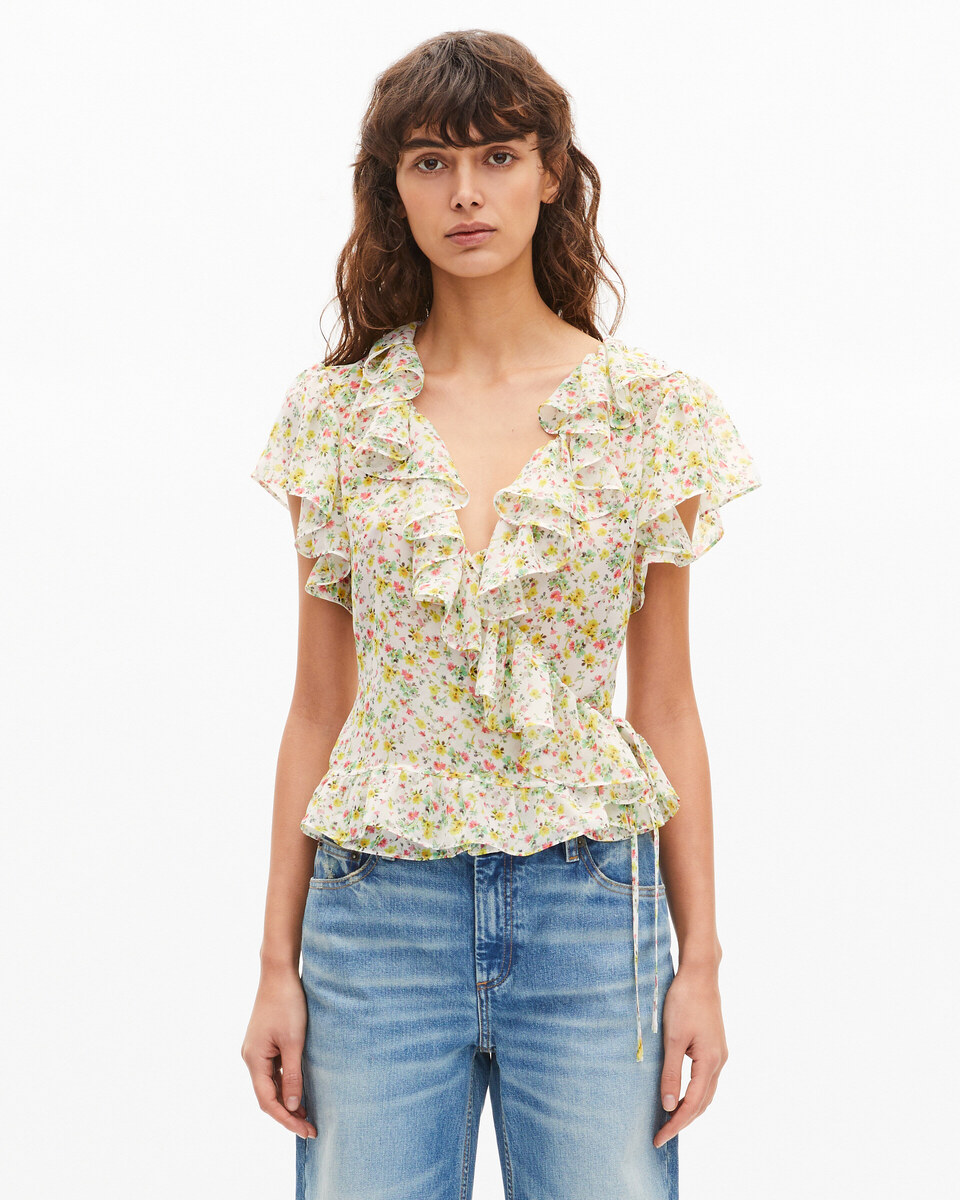 White floral print ruffled top