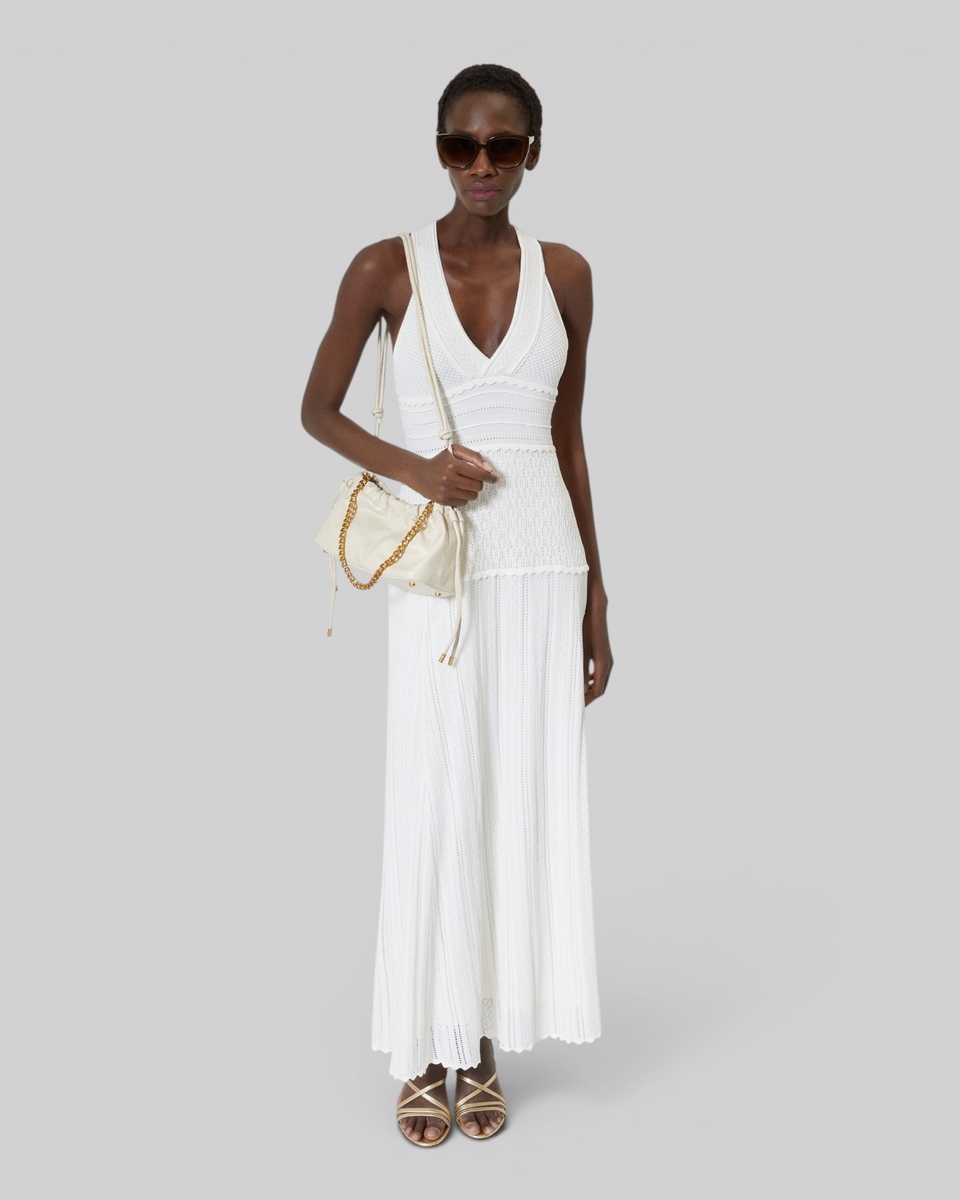 Cross-over back dress in ecru hemstitch