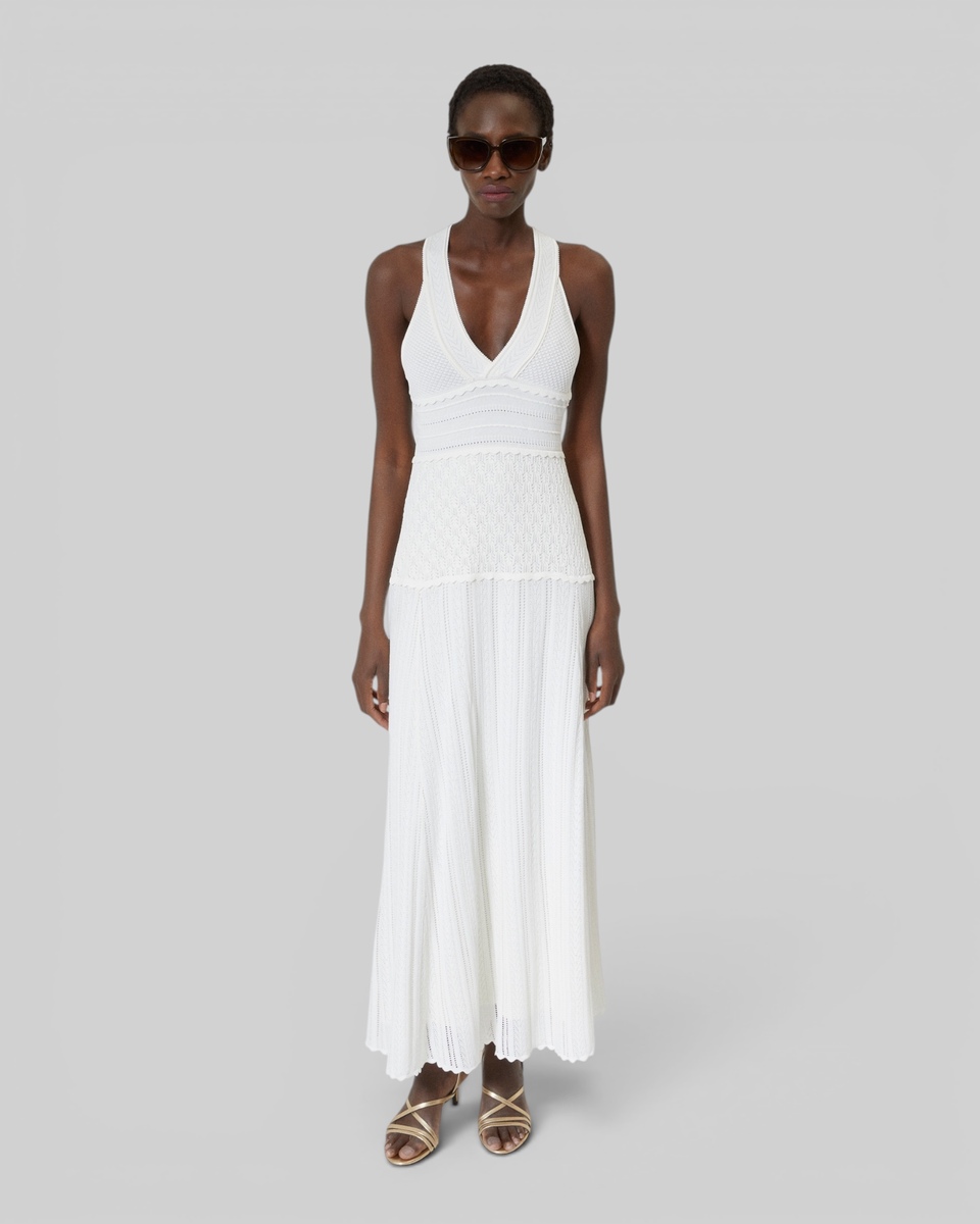 Cross-over back dress in ecru hemstitch