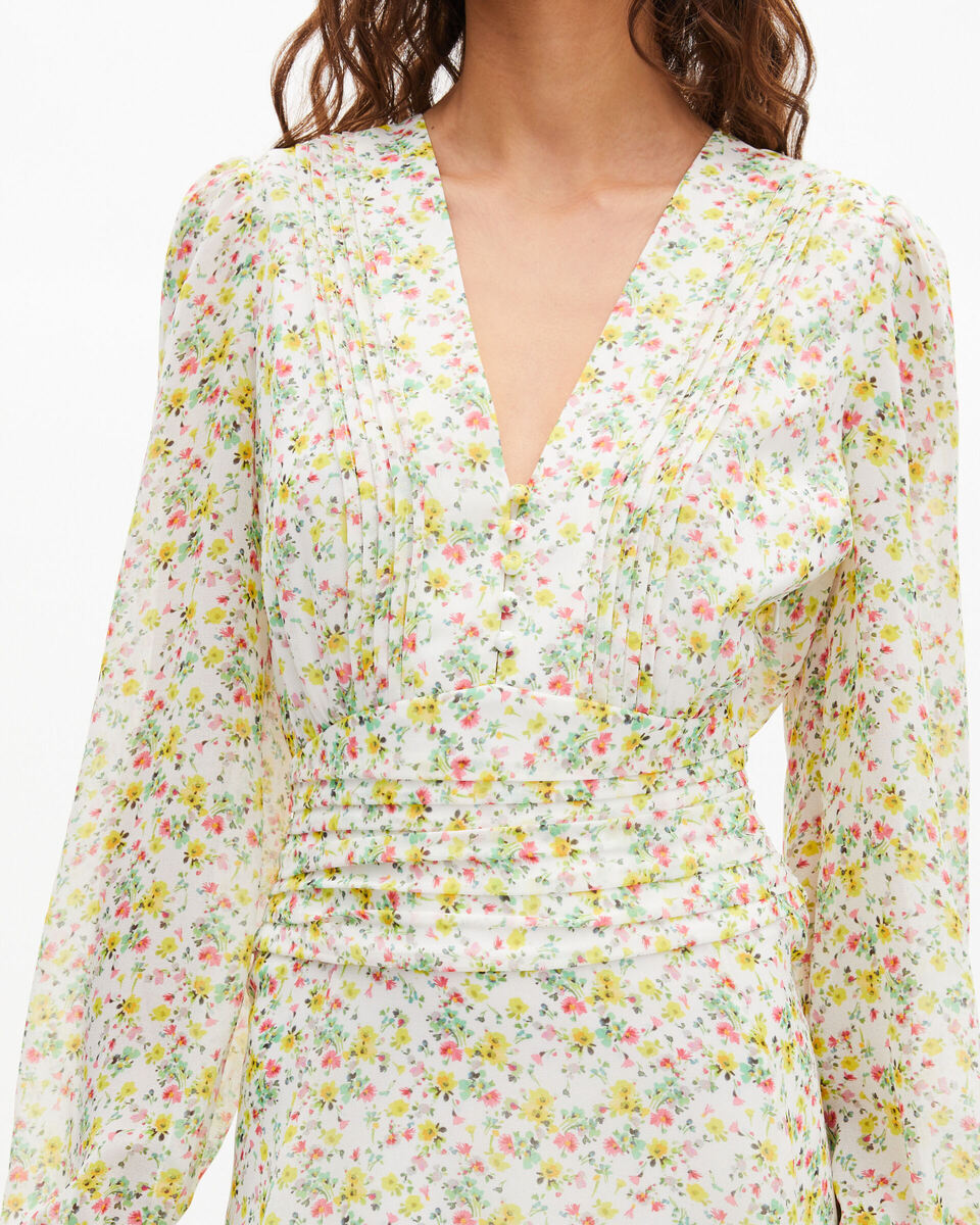 Short pleated dress in ecru floral print