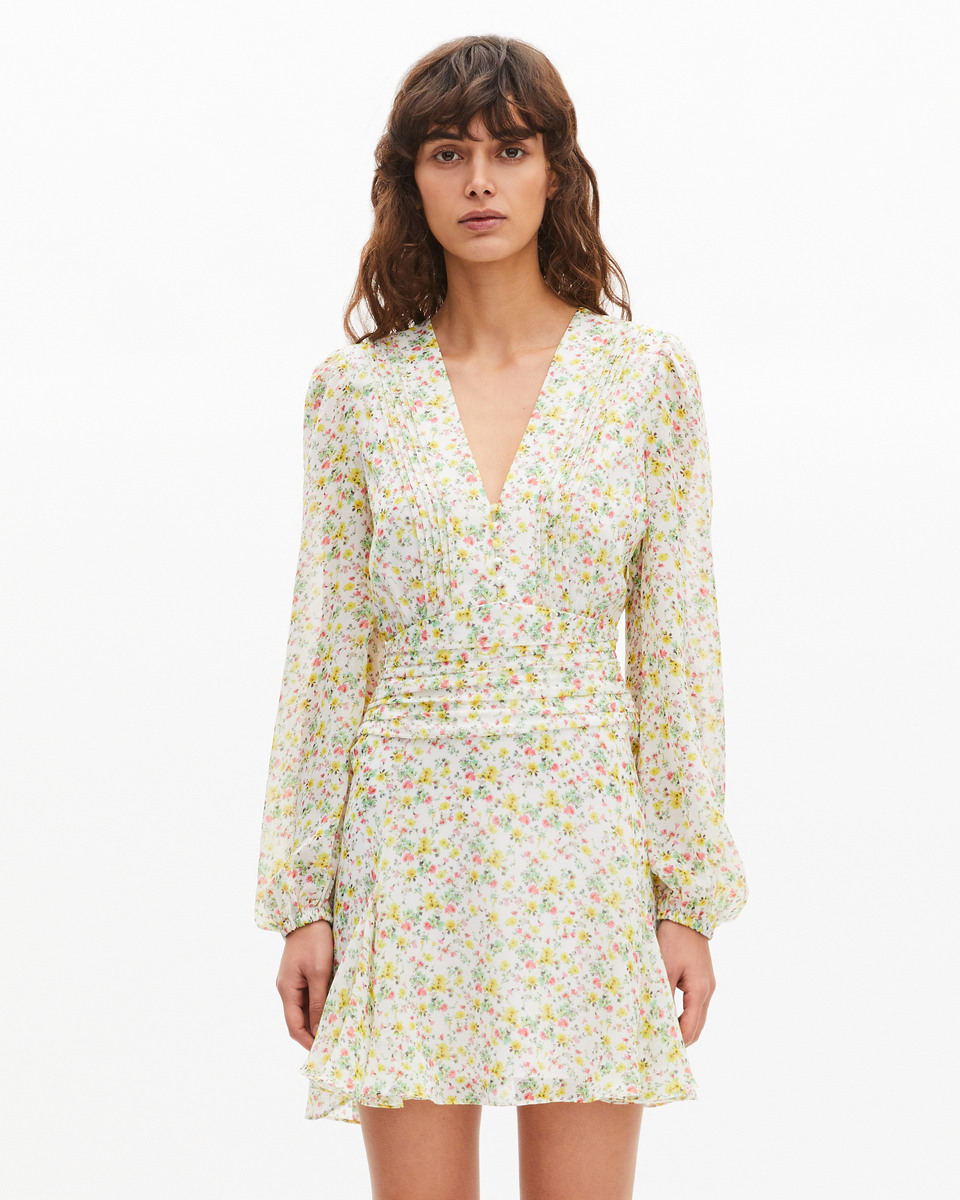 Short pleated dress in ecru floral print