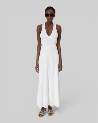 Cross-over back dress in ecru hemstitch