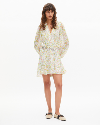 Short pleated dress in ecru floral print