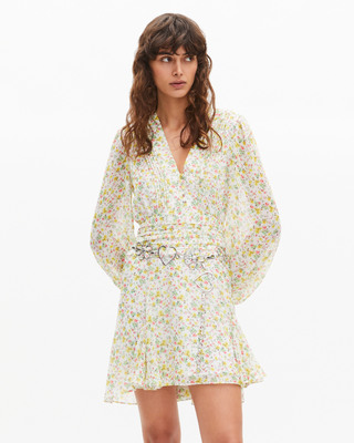 Short pleated dress in ecru floral print