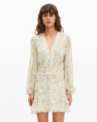 Short pleated dress in ecru floral print