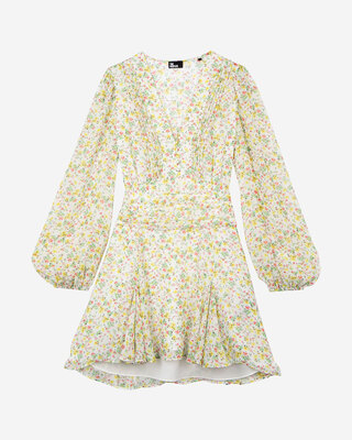 Short pleated dress in ecru floral print
