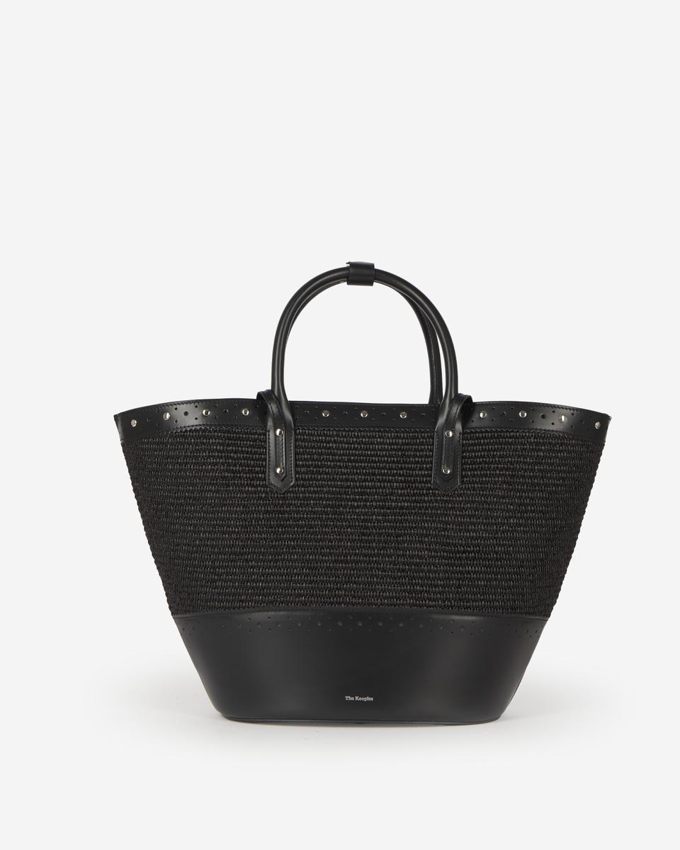 Black leather and raffia tote bag