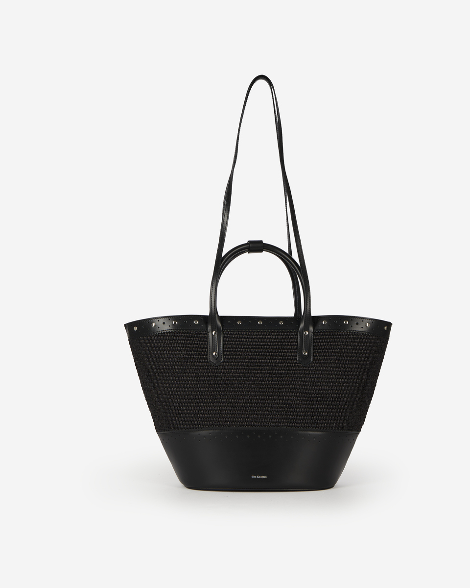 Black leather and raffia tote bag