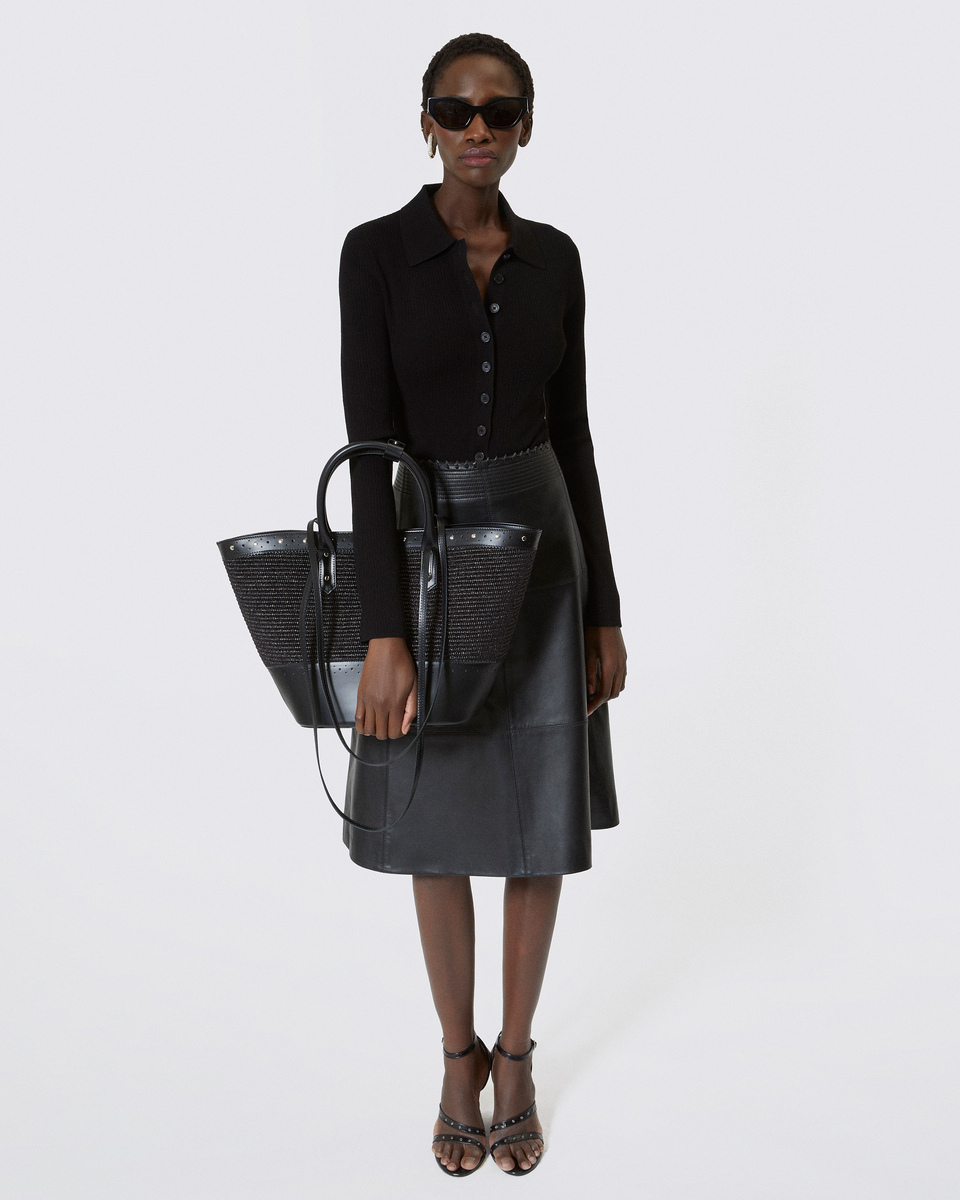Black leather and raffia tote bag