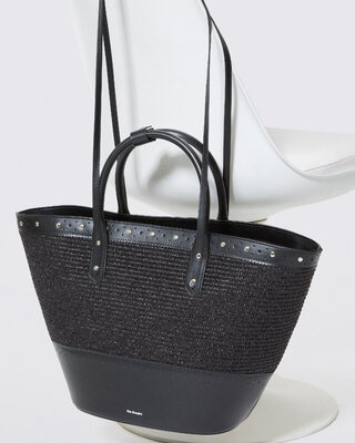 Black leather and raffia tote bag