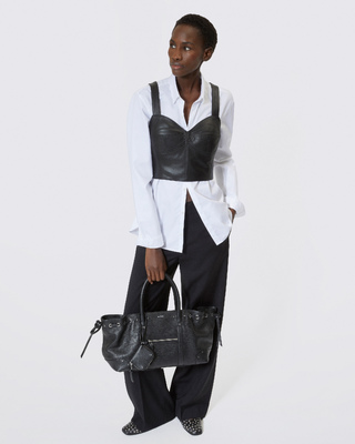 Gathered tote bag in black grained leather