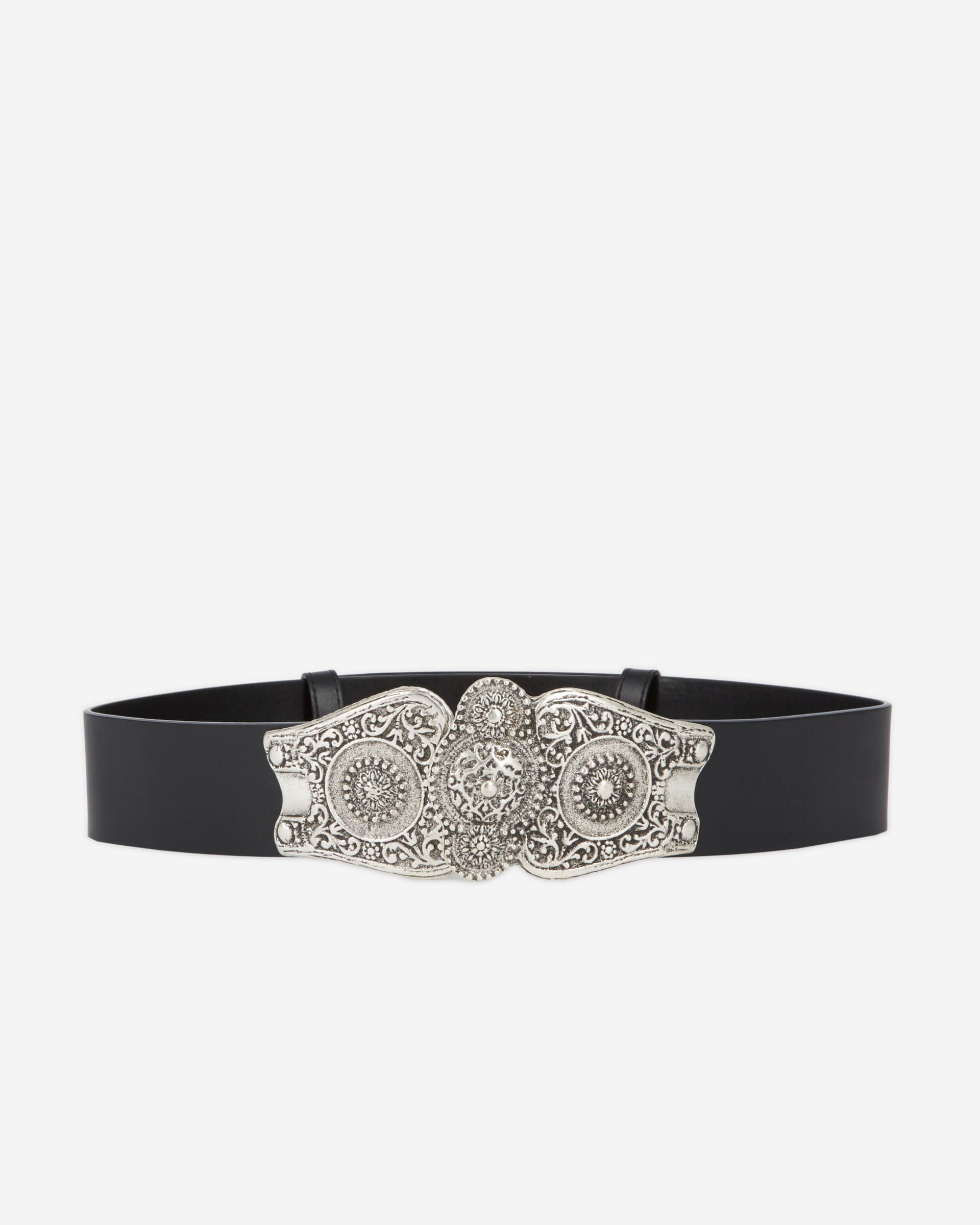 Wide black leather belt with large Western-style buckle