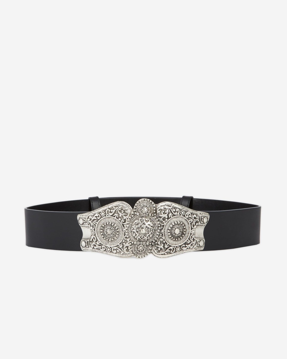 Wide black leather belt with large Western-style buckle