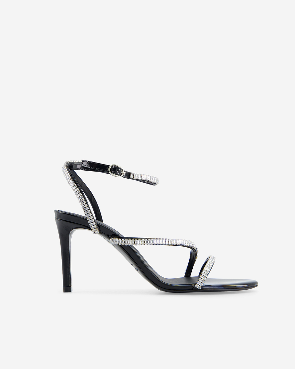 Heeled sandals with black rhinestones