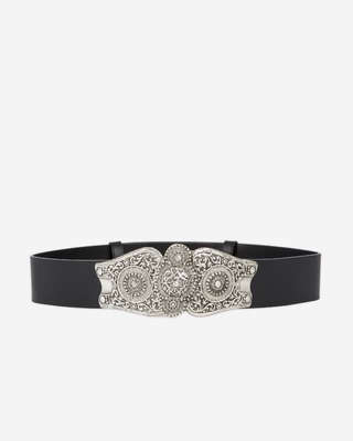 Wide black leather belt with large Western-style buckle