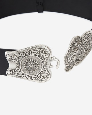 Wide black leather belt with large Western-style buckle