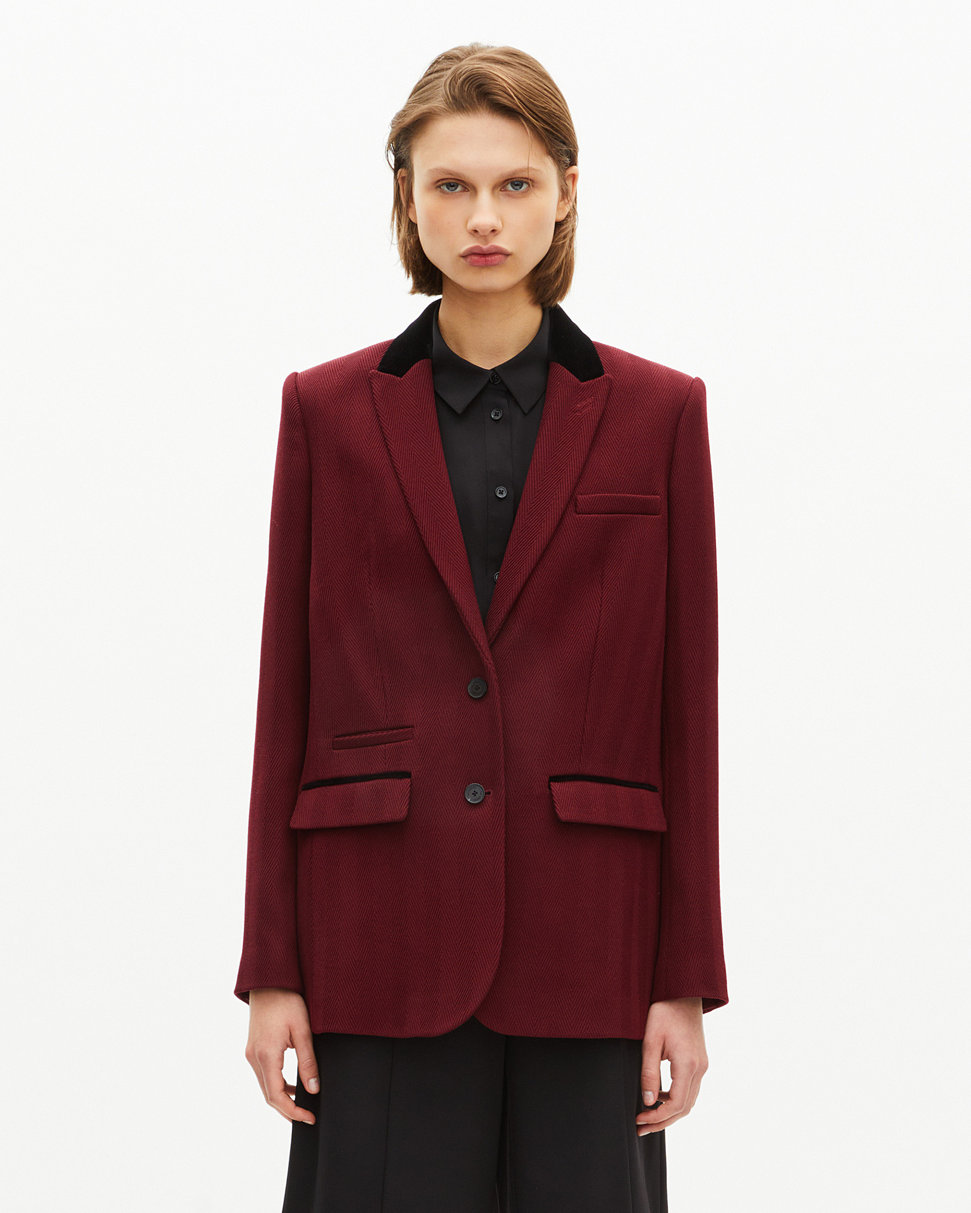 Jacket with burgundy velvet collar
