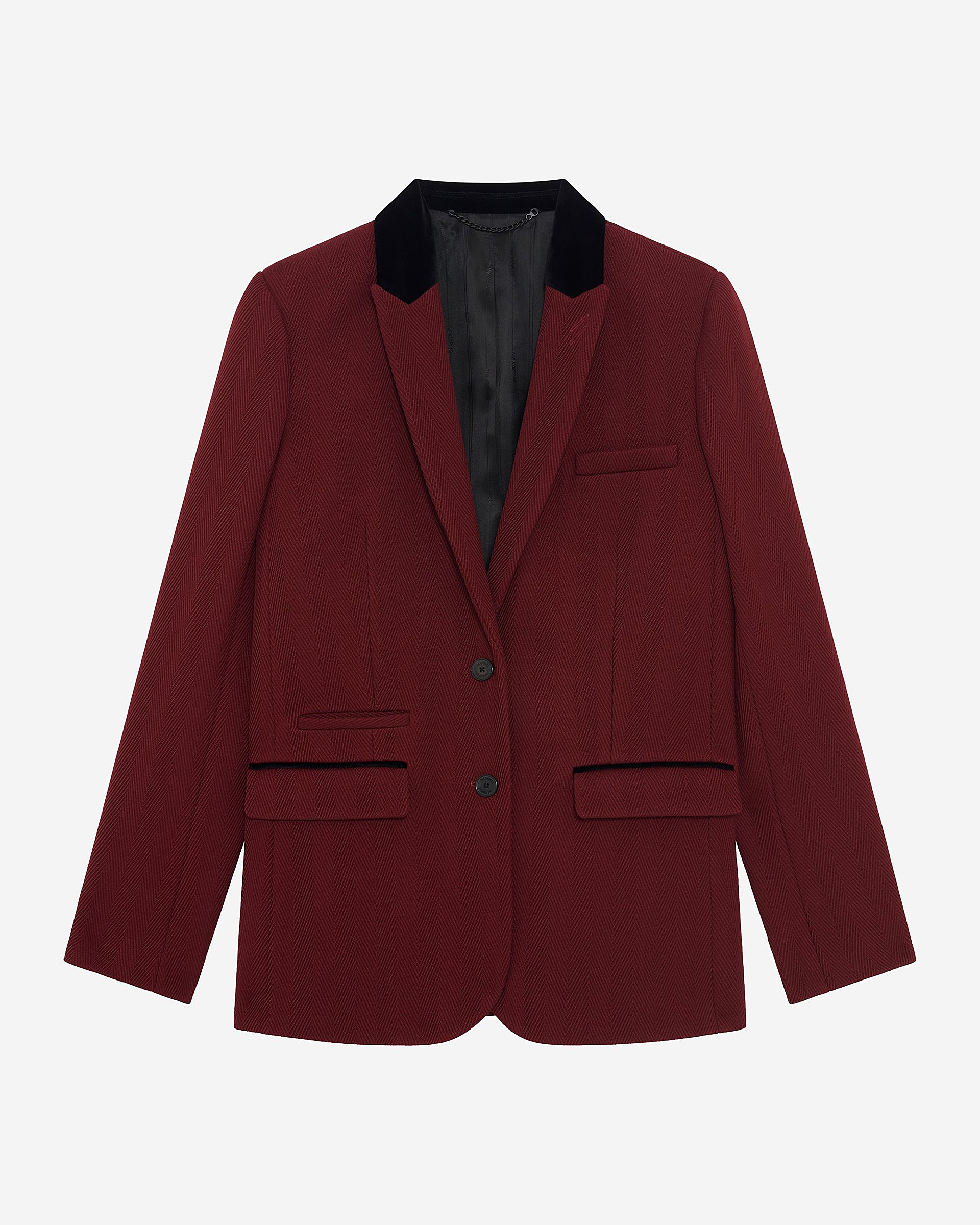 Jacket with burgundy velvet collar