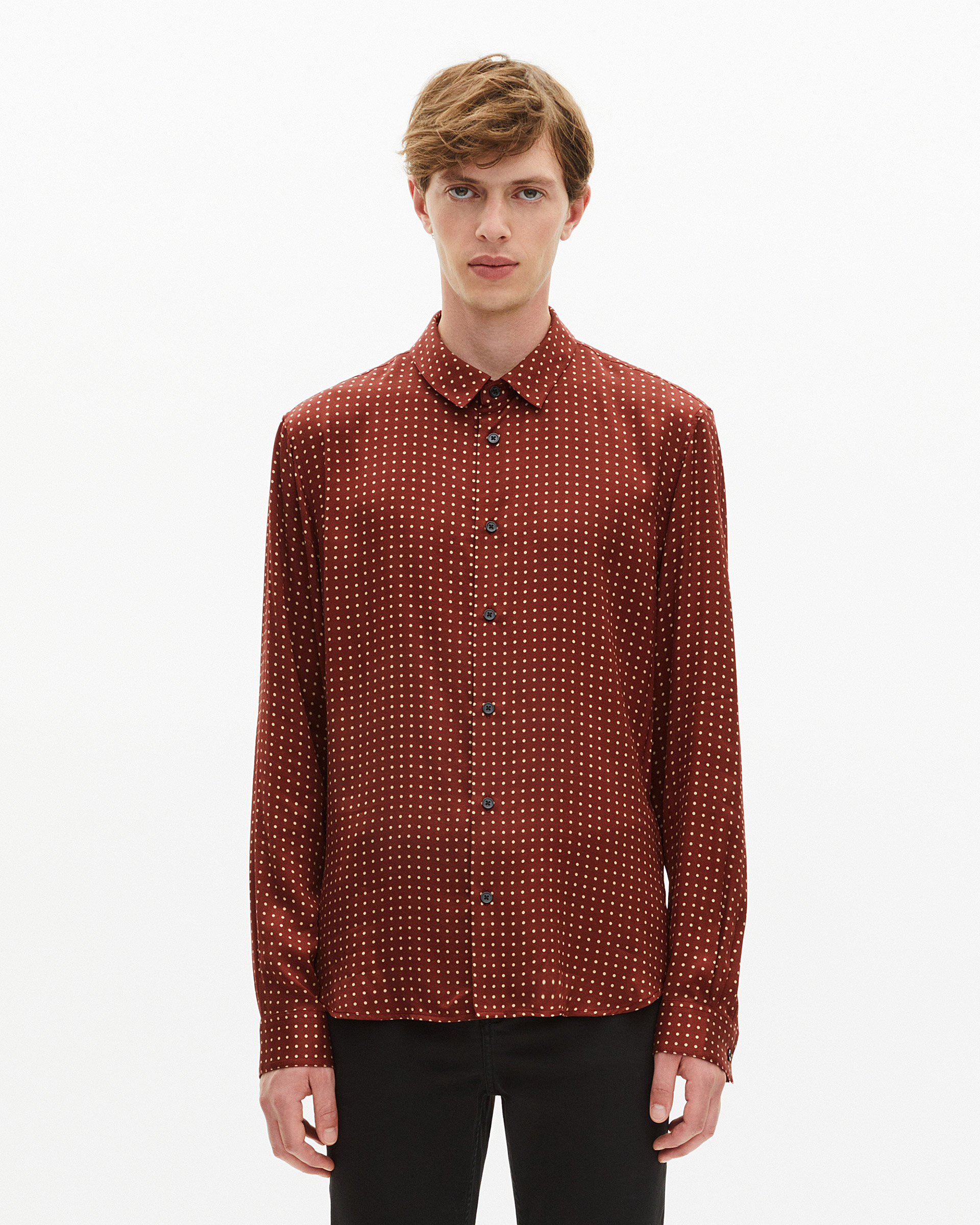 Burgundy polka-dot shirt