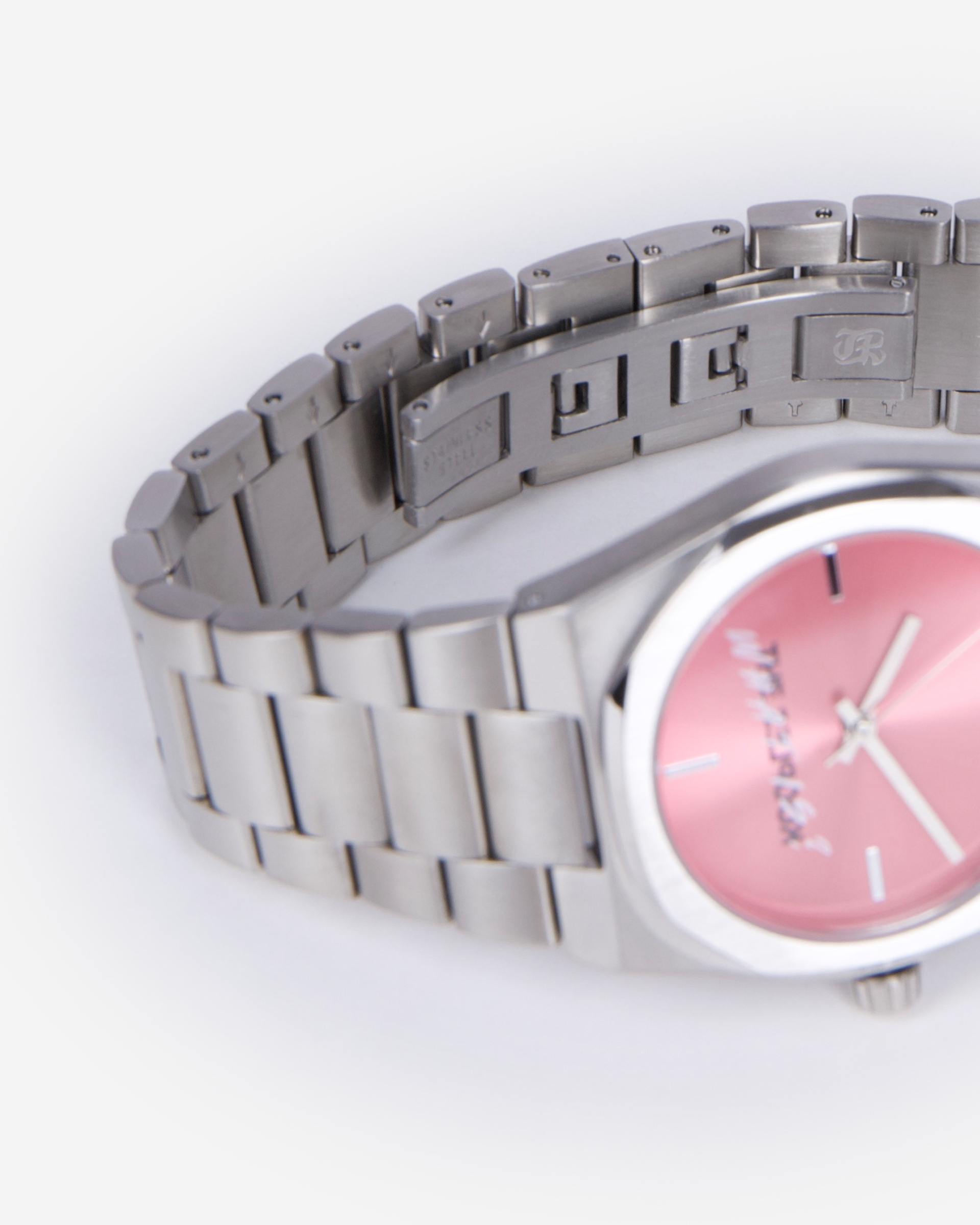 'What Is' Watch in Silver with a Pink Dial