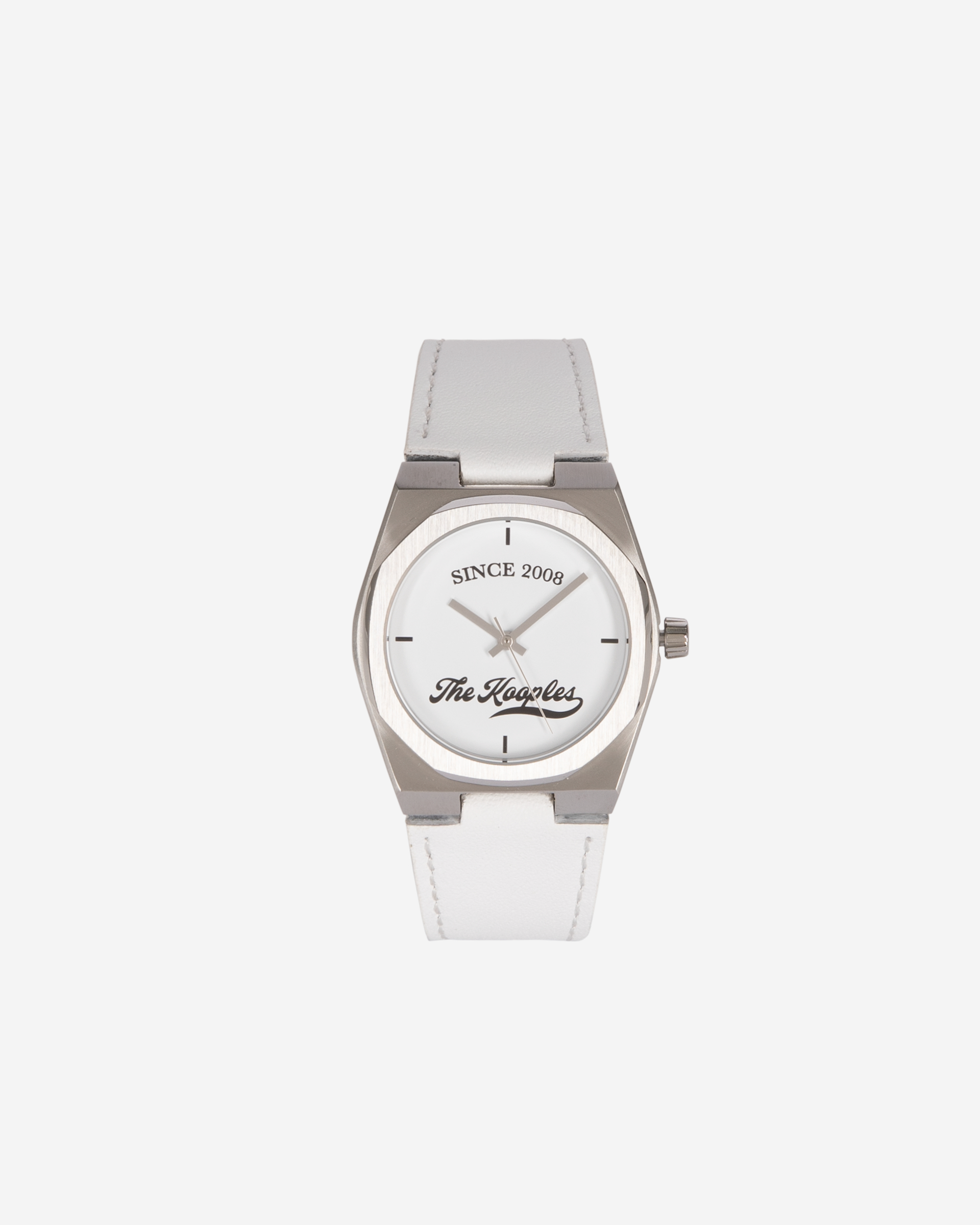 Watch with logo and white leather strap