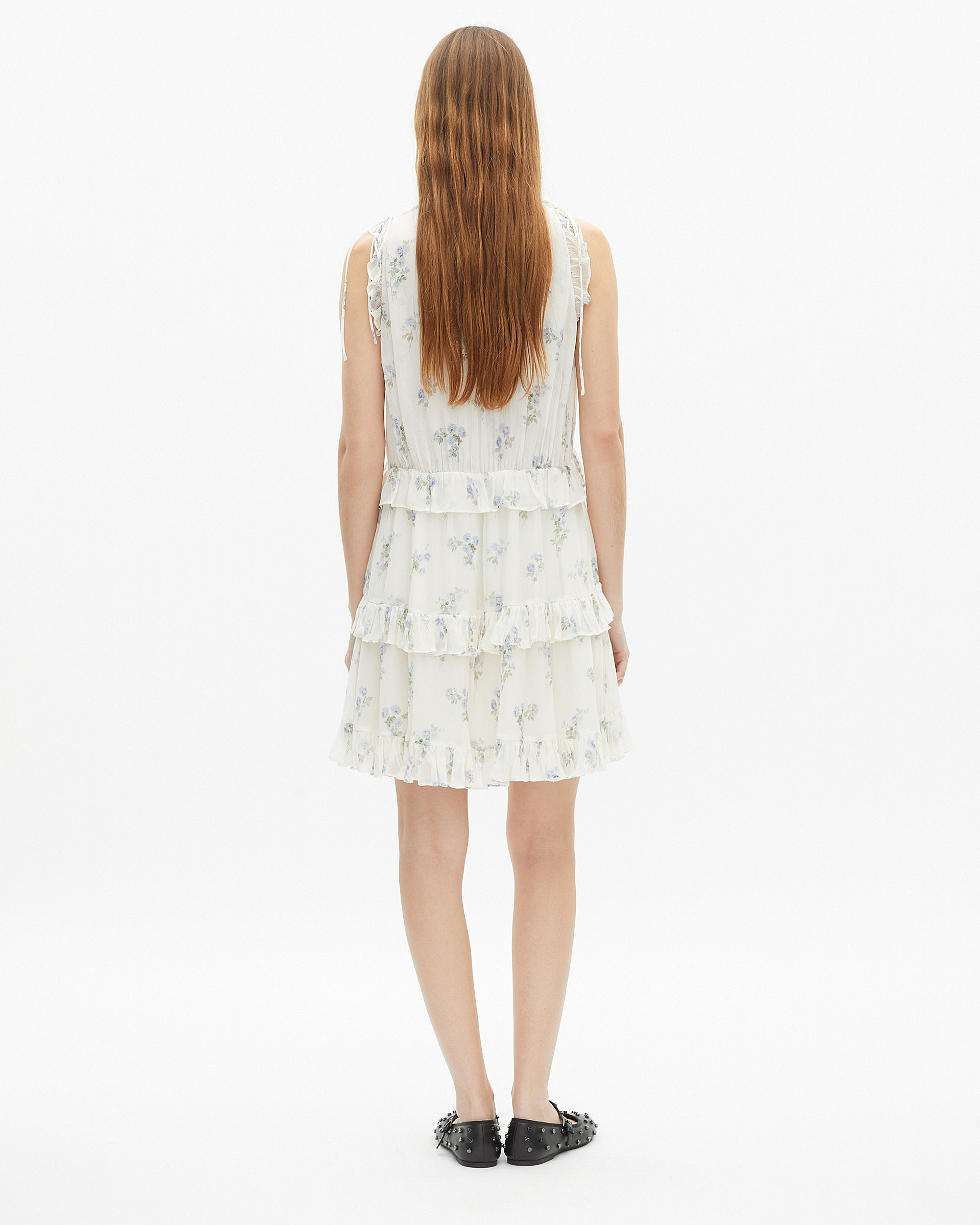 White floral print short dress with ruffles