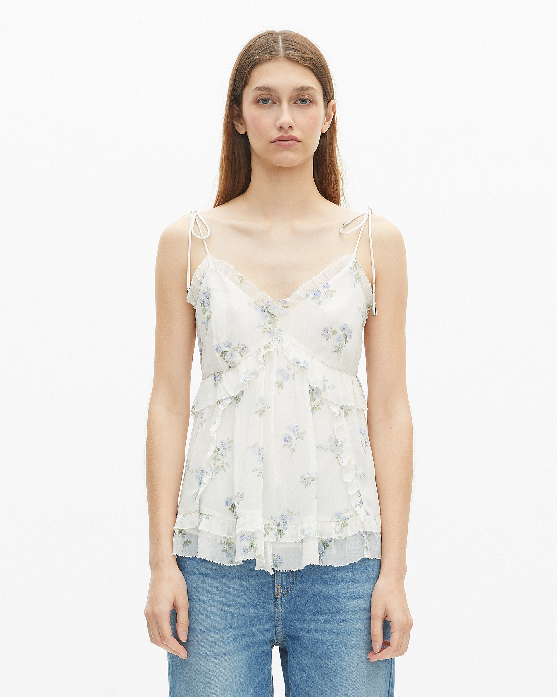 White floral ruffle top