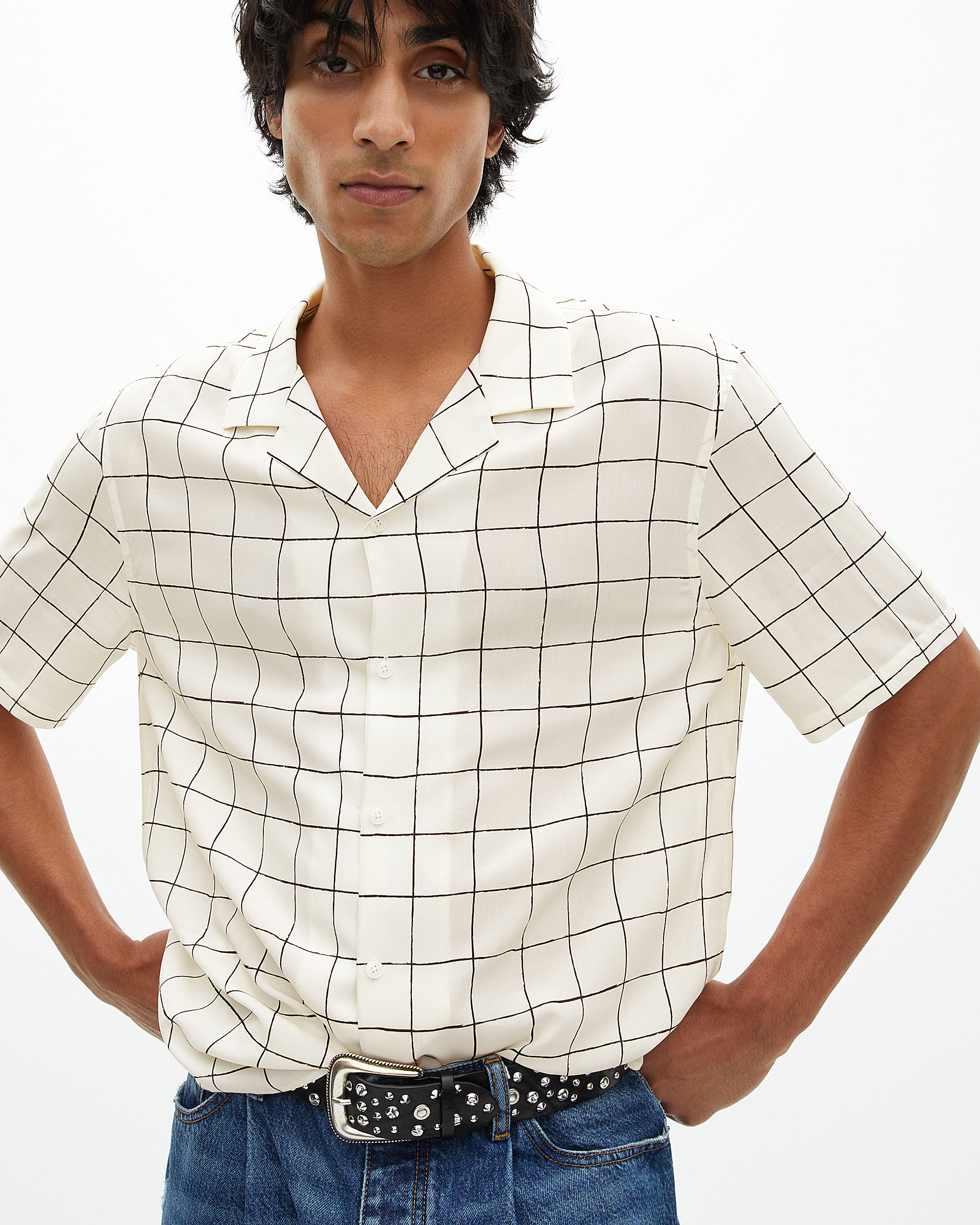 Short-sleeved plaid shirt, ecru