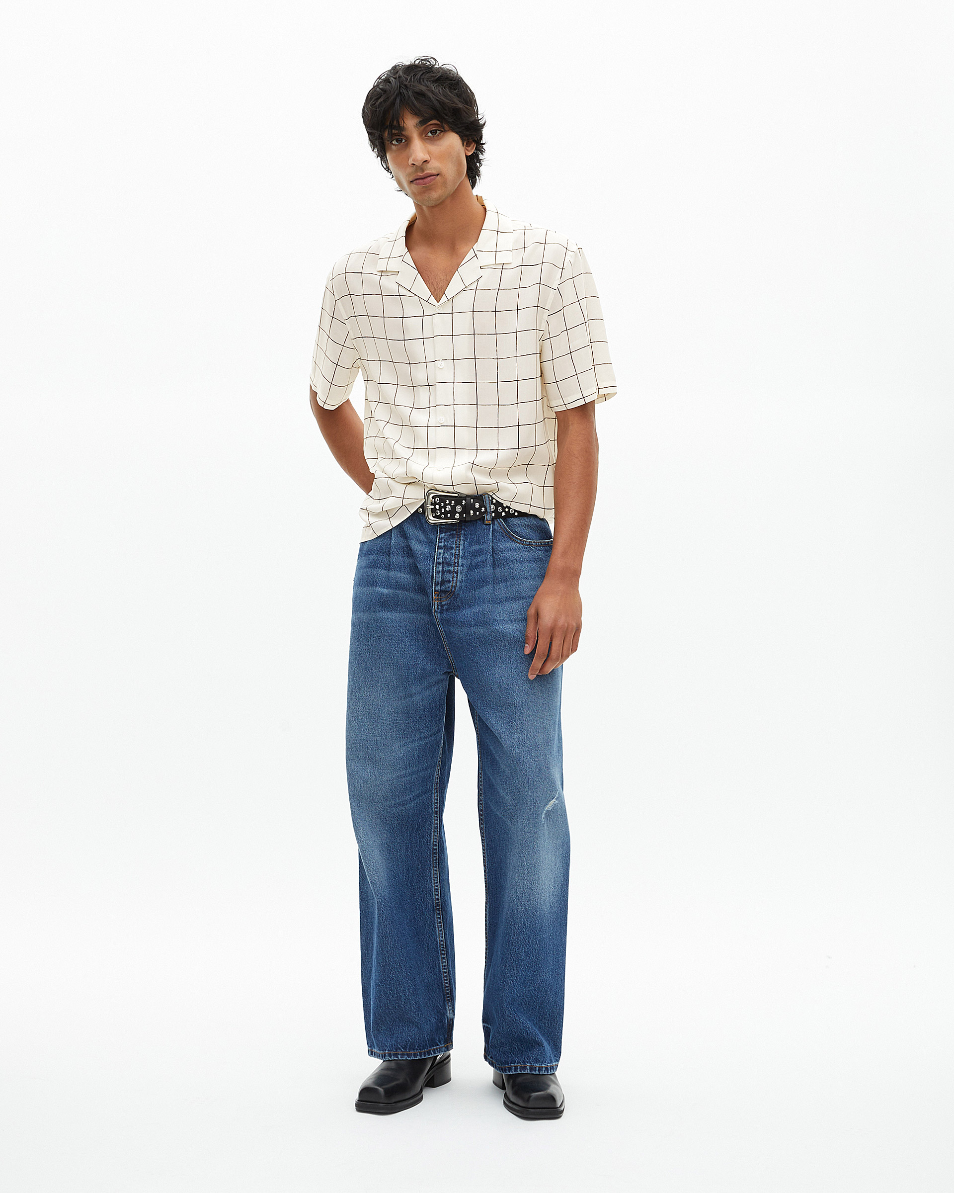Short-sleeved plaid shirt, ecru