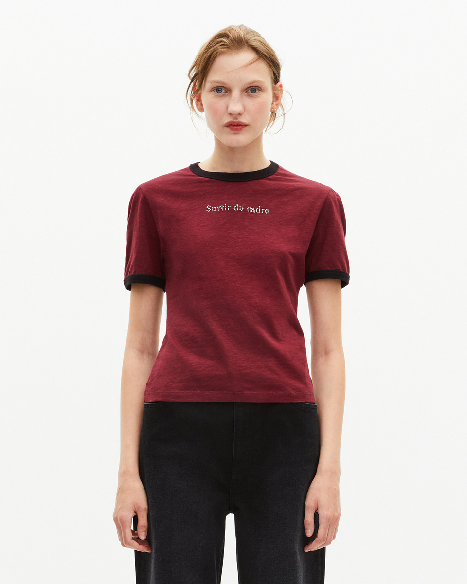T-shirt with red rhinestone screen print