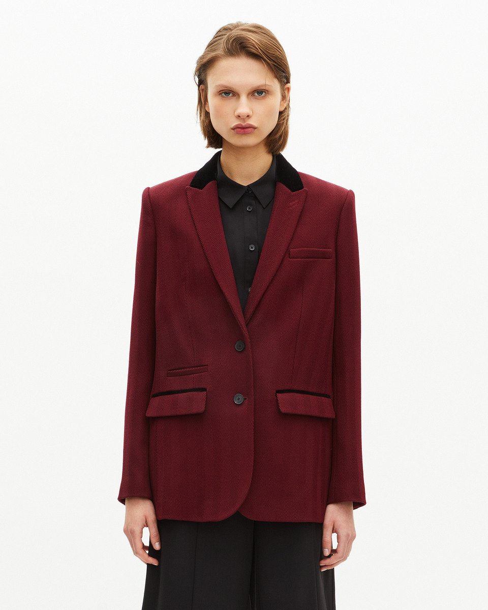 Jacket with burgundy velvet collar
