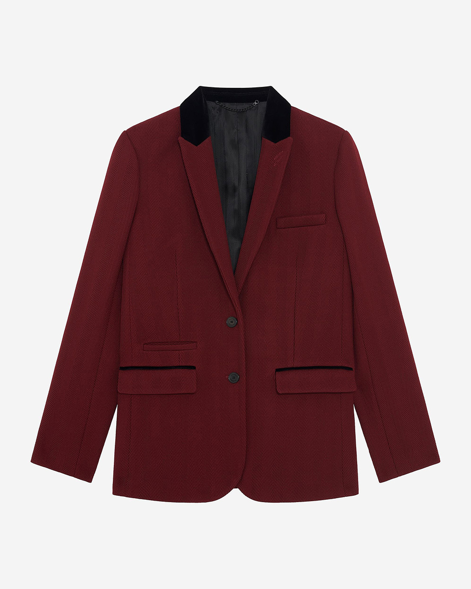 Jacket with burgundy velvet collar